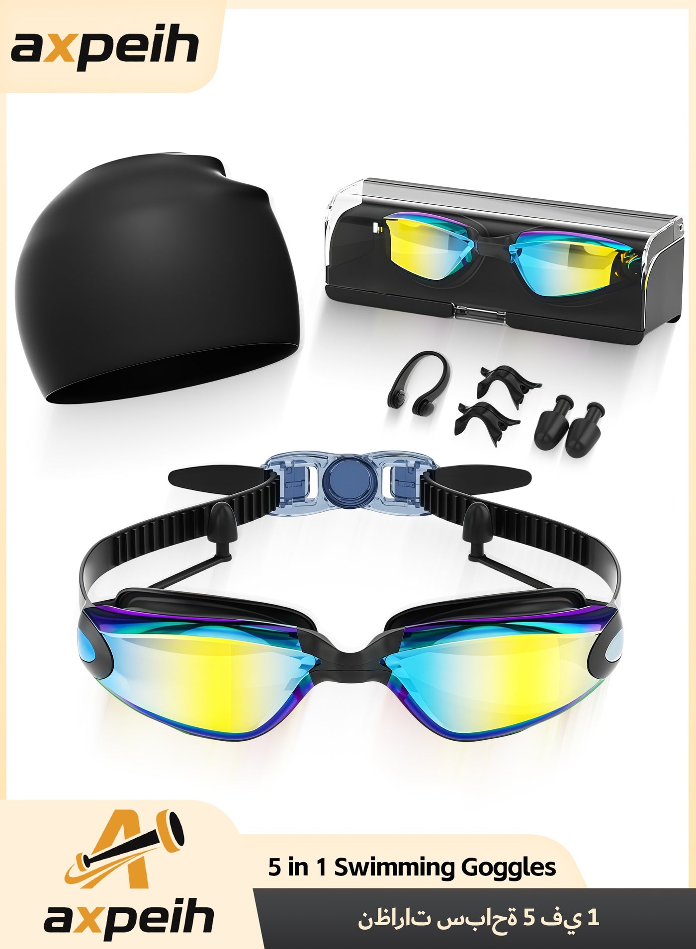 5-in-1 Anti-Fog Pro Swim Goggles Set for Adults with Silicone Swim Cap, Anti-Fog UV Protection, Clear Vision, 180° Panoramic, Durable PC Material - Waterproof Swimming Accessories Kit with Carry Case, Nose Clip, & Earplugs (Black)